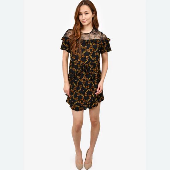 Sandro Alderic Black Yellow Butterfly Print Lace Shoulder Mini Dress 38 M - Picture 1 of 11